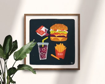 Descarga digital / Comida rápida - Impresión de arte / Arte de pared imprimible / Decoración del hogar / Decoración de la cocina / Arte alimentario / Hamburguesa / Papas fritas / Arte gastronómico
