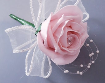 Wedding Buttonholes Single Pink Roses Pearls Organza- various designs