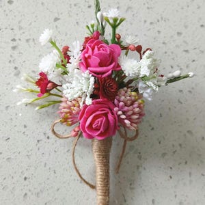 Hot Pink Faux Flower Wrist Corsage and Boutonniere Available Boutonniere