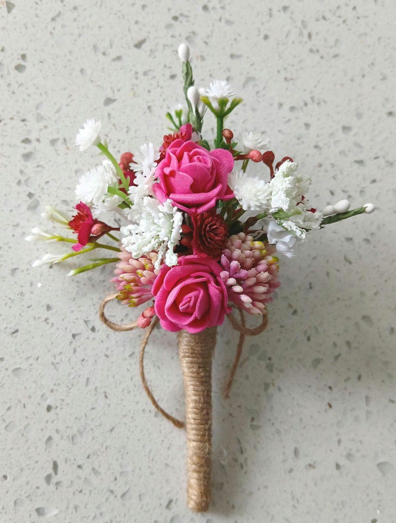 Hot Pink Faux Flower Wrist Corsage and Boutonniere Available Boutonniere