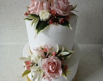 Vintage Pink Rose and Gypsophila Wedding Cake Topper: Artificial Roses & buds with Foliage
