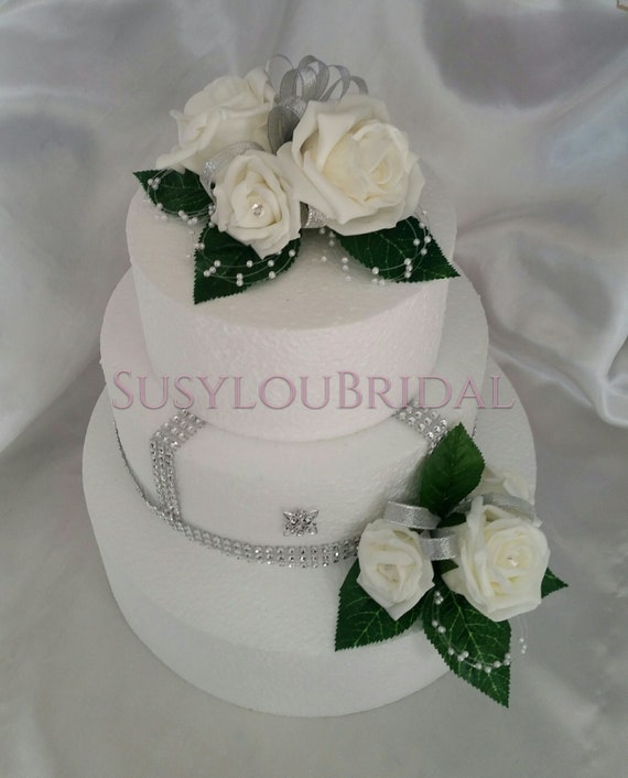 beautiful wedding flowers ivory roses ribbons with greenery cake 2 tier topper 