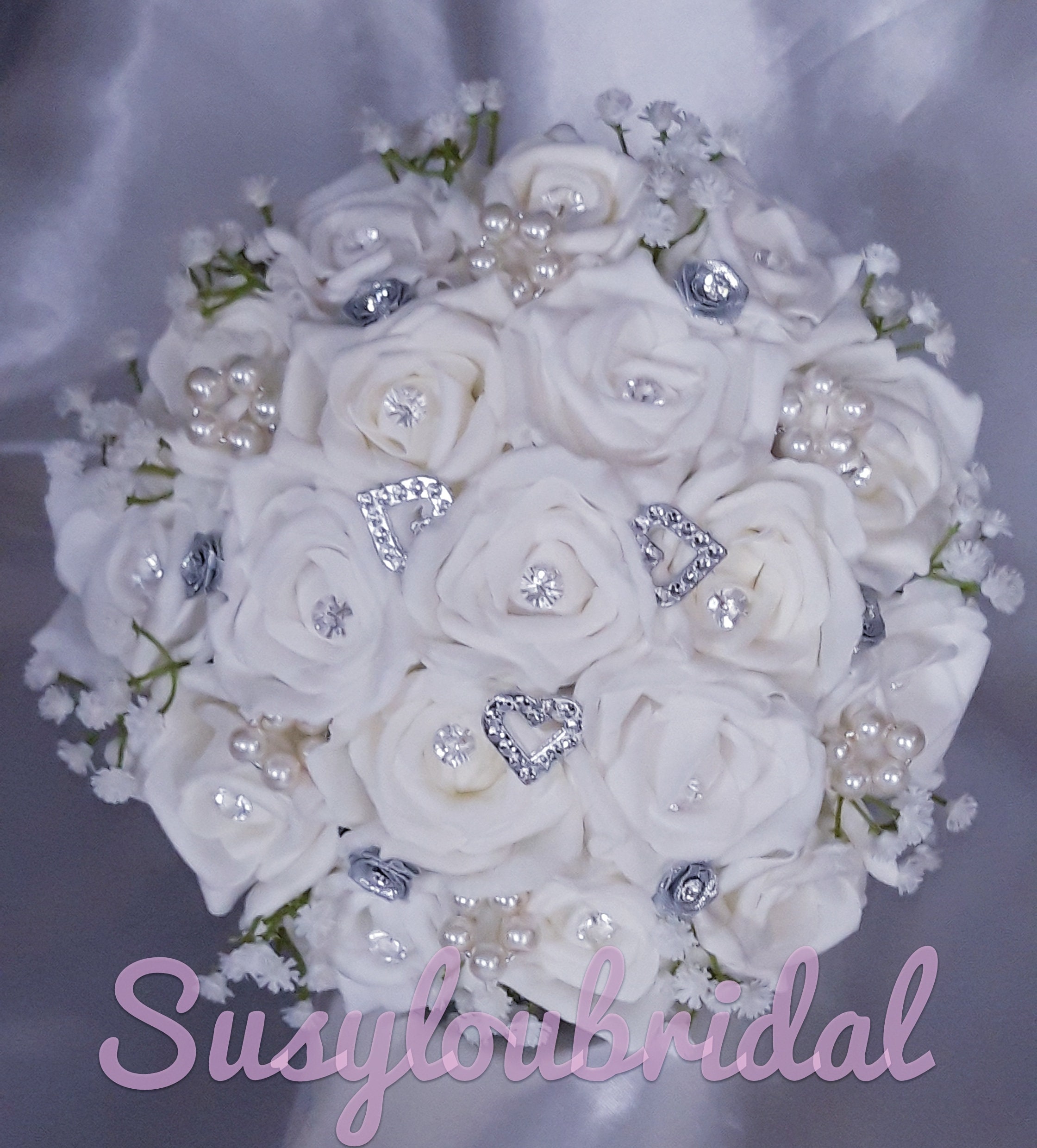 Classic Ivory Rose Bridal Bouquet With Gypsophila and Hydrangea optional  Pearl Heads Available. -  UK