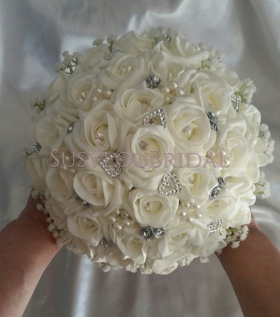 Classic Ivory Rose Bridal Bouquet With Gypsophila and Hydrangea optional  Pearl Heads Available. -  UK