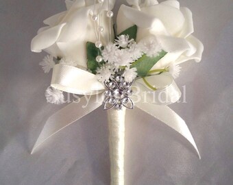 Bridal Corsage: Velvet Rosebud, Pearls, Gypsophila - Various Colors