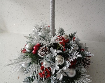 Large Christmas Table Arrangement with Flameless candle, White, Silver, Green & Red. Batteries included