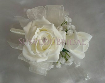 Ivory Rose And Rosebud With Gypsophila And Crystal Spray Corsage