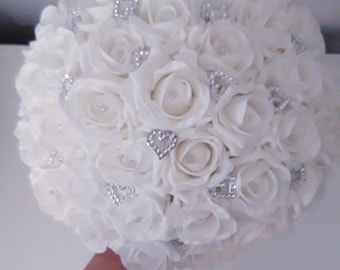 Lovely Large White Rose Heart Bouquet With Pearls