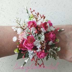 Hot Pink Faux Flower Wrist Corsage and Boutonniere Available Wrist Corsage