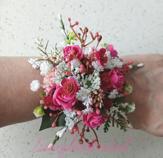 Hot Pink Faux Flower Wrist Corsage and Boutonniere Available