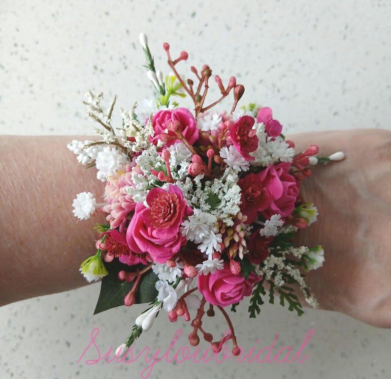 Hot Pink Faux Flower Wrist Corsage and Boutonniere Available Wrist Corsage