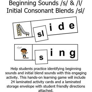 Beginning Sounds s, l & Blends sl Teacher Made Literacy Phonics Center Classroom Homeschool Resource Activity Game