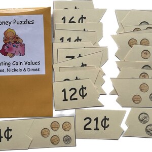 Education Math Center Game Money Puzzles Counting Coins Pennies Nickels & Dimes