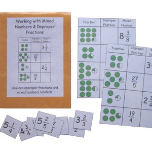 Educational Math Center Game Working with Mixed Numbers & Improper Fractions