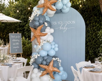 Sea You Soon-babyballonslingerset | Ballonboog babyshower kust | DIY babyshowerboog | Stofblauw, beige babyshower | Ballonnen