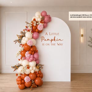 Könnte beinhalten: Ein weißer, bogenförmiger Hintergrund mit dem Text A Little Pumpkin IS ON THE WAY in orangefarbener Schrift. Eine große Ballongirlande in Creme-, Rostorange- und Altrosatönen ist an der linken Seite befestigt und mit getrockneten Blumen verziert.