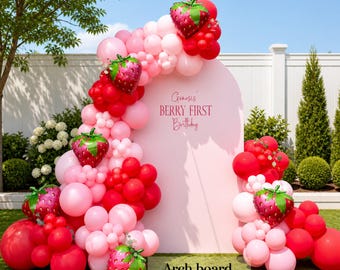 Kit para Guirlanda de Balões de Morango | Decoração de Aniversário com Tema de Morango | Arco de Balões Rosa e Vermelho | Festa com Tema de Morango | Primeiro Aniversário de Menina | Kit Faça Você Mesmo