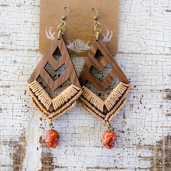 Wood and Micro Macrame Geometric Earrings, Vintage Japanese Red Coral Speckled Bead, Statement Earrings, Boho Jewelry, Gifts under 40