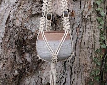 Macrame Plant Hanger, Recycled Cotton, Dark Wood Beads, Steel Ring