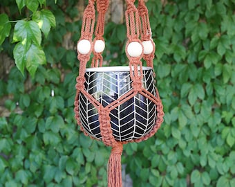 Large Copper Colored Macrame Plant Hanger with Natural Beads