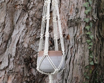 Modern Macrame Plant Hanger with Dark Wood Bead, Recycled Cotton Cord