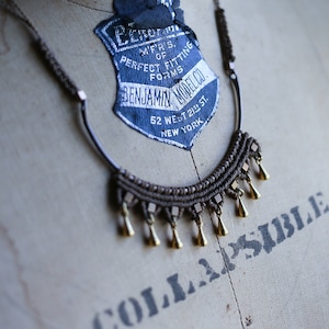 Micro MACRAME Necklace, ADJUSTABLE Length, Bronze Cord, Brass Teardrop Accent Beads, Goddess Necklace, Statement Necklace