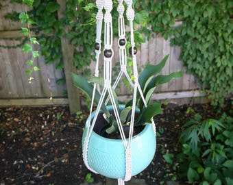 Handmade Cotton Macrame Plant Hanger with Wood Beads, 55" Boho Decor