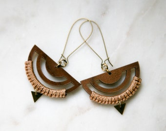 Semi Circle Wood Cut Out Micro Macrame Earrings, Boho Jewelry, Unique Accessories, Lightweight Jewelry, Statement Earrings