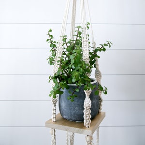 May include: A macrame plant hanger with a wooden shelf and a gray pot with a green plant. The hanger is made of white cotton rope and has a wooden ring at the top.