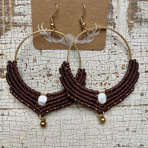 Brown Micro Macrame Beaded Hoop with White Oval Pearl Shell Accent Bead, Lightweight Earrings, Handcrafted, Boho Jewelry