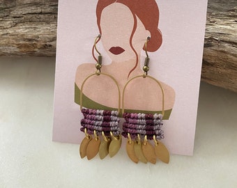 Half Moon Brass Hoop Micro Macrame Hand Woven Lightweight Statement Earrings Brass Leaf Charms