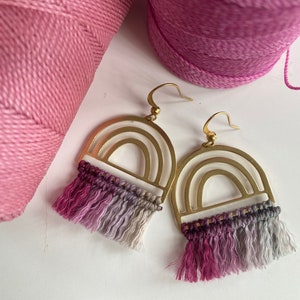 Rainbow Fringe Macrame and Brass Earrings, Pride, Colorful, Unique Statement Jewelry, Lightweight