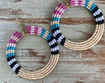 Handmade Micro Macrame Hoop Earrings, Colorful Stripe Statement Jewelry