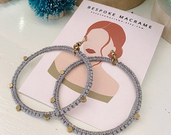 Macrame Hoop Earrings with Brass Beads, Handmade Lightweight Jewelry