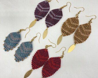 Macrame Feather Leaf Earrings with Brass accents, handmade, lightweight, statement earrings