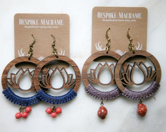 Lotus Flower Wood Hoop Earrings, Micro Macrame, Boho Statement Jewelry