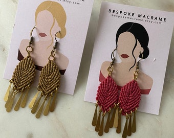 Macrame Leaf Earrings with Brass Charms, Woven earrings, hand made and lightweight