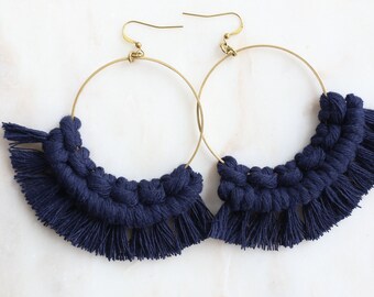 Macrame Fringe GOLD Hoop Earrings ||Large||