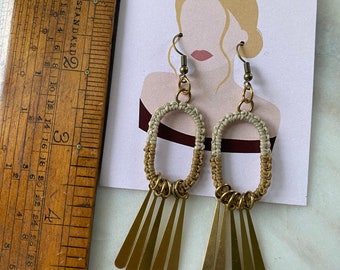 Oval macrame hoop earring with brass dangle charms, lightweight statement earrings