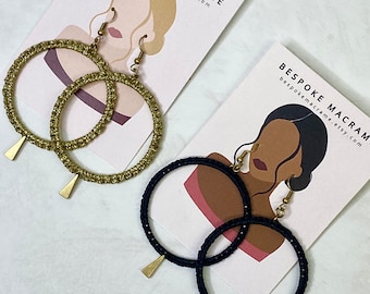 Statement Macrame Lightweight Hoop Earrings with Brass Triangle Charm