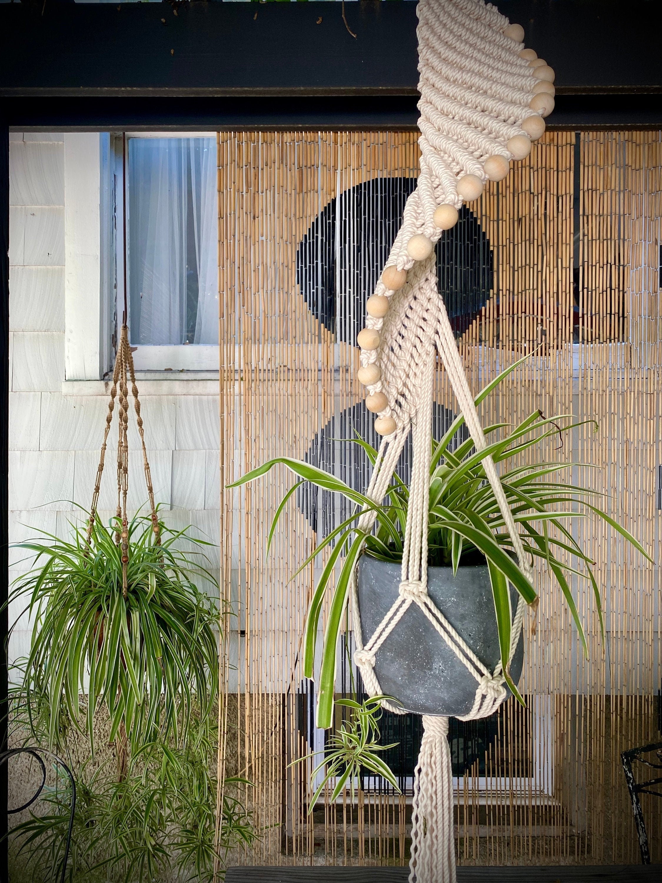 Macrame Plant Hanger, Mobile, Helix Design, Natural Beads, Indoor Planter, Boho Decor, Unique Plant Holder