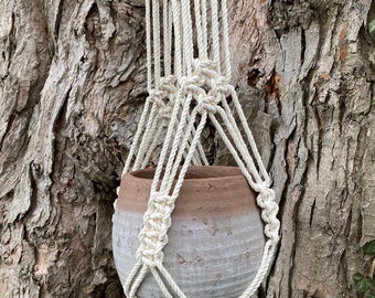 Modern Macrame Plant Hanger with Wood Bead, Two Arm Recycled Cotton Rope