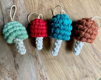 Macrame Mushroom Ornaments, Handmade, Unbreakable Holiday Decorations Gift Topper, Trim a tree, Teacher Gift, Gifts under 25