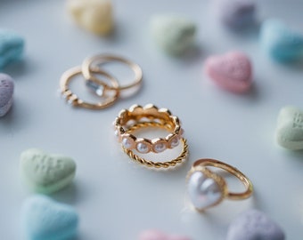 Pearl Hearts Ring Set, Gold 5pcs - Matching Valentine's Heart Rings, Gold Pearl Rings, Gold Jewelry Ring Set ~ Valentine Collection 23'