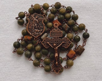 Saint Michael Militia Rosary / Army green stone  Handmade Men's Rosary  - Easter Gift for Him