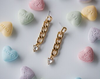 Gold Chain Heart Earrings, Gold Gem Valentine Earrings, Chain Heart Valentine Earrings, Valentine Gift for her ~ Valentine Collection 23'