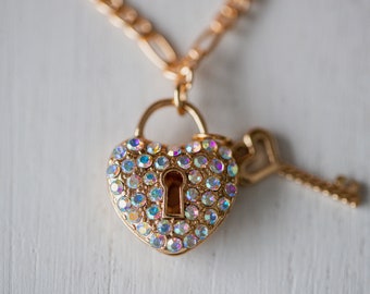 Pink Sparkle Heart Lock & Key Gold Charm Necklace, Pink Gold Heart Necklace, Pink Lock and Key, Gift for her ~ Valentine Collection 23'