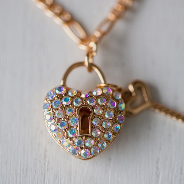 Pink Sparkle Heart Lock & Key Gold Charm Necklace, Pink Gold Heart Necklace, Pink Lock and Key, Gift for her ~ Valentine Collection 23'