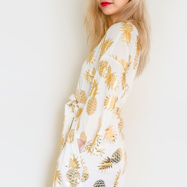 Neon Yellow Pineapple Hawaiian Print Women's Robe main image 1