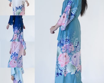 High quality soft beautiful silky long floral robe,  kimono robe, bridesmaid robe (Optional Personalization)